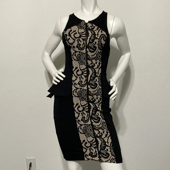 bebe NWT Briana Bonded Lace Jersey Peplum Sleeveless Bodycon Mini Dress … - Picture 2 of 9